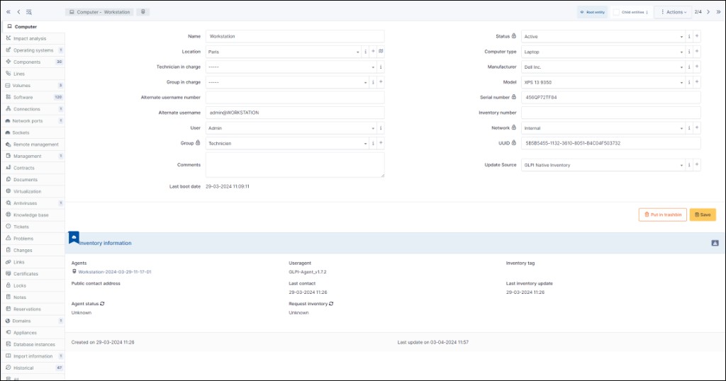Capture GLPI : fiche détaillée d'un poste inventorié (Workstation)